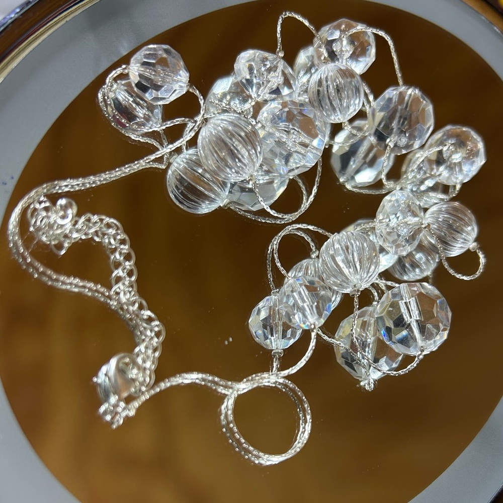 Vibrant Clear Faceted Crystal-Style Long Statement Necklace - Silver Tone